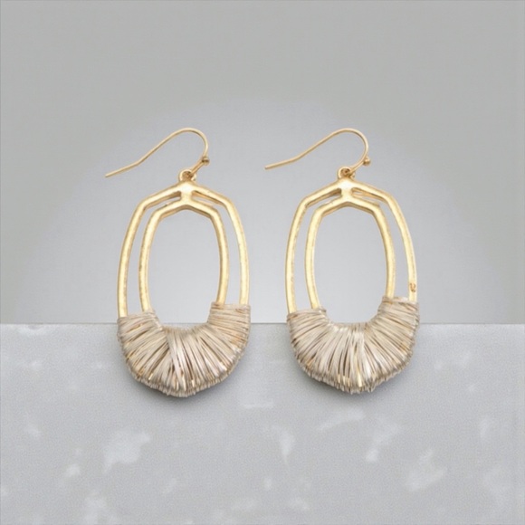 NEW•UNIQUE OVAL GOLDEN WIRE ACCENTED EARRINGS - Picture 1 of 13